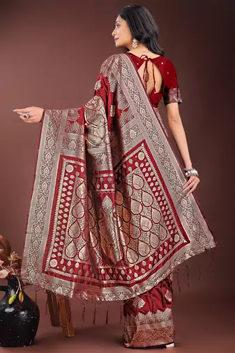 maroon color woven art silk blend saree with blouse