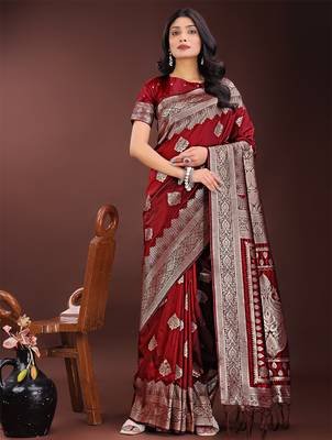 maroon color woven art silk blend saree with blouse 3