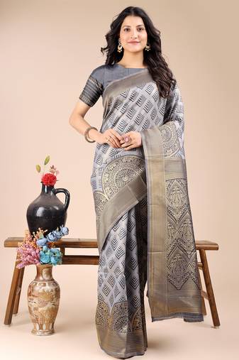 grey color woven banarasi art silk saree
