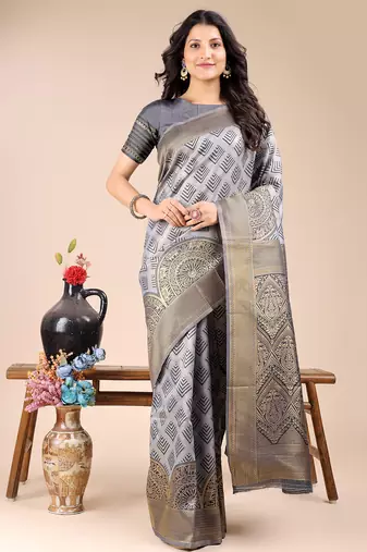 grey color woven banarasi art silk saree