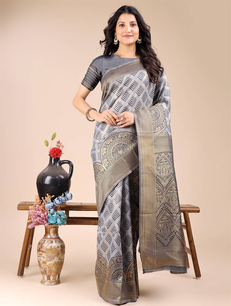 grey color woven banarasi art silk saree