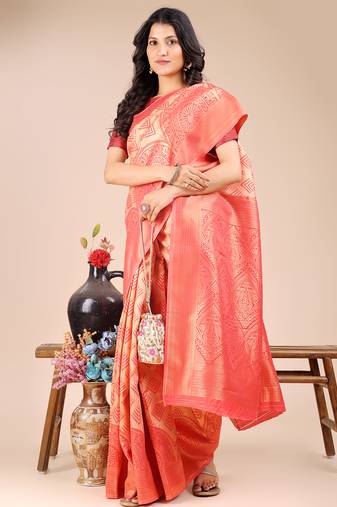 peach color woven banarasi art silk saree