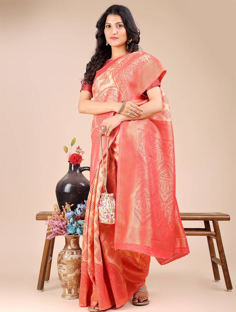 peach color woven banarasi art silk saree