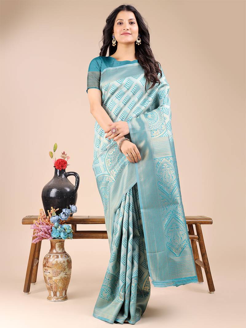 sea green color woven banarasi art silk saree