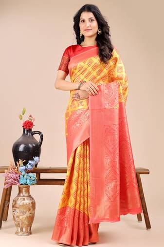 yellow & red color woven banarasi art silk saree