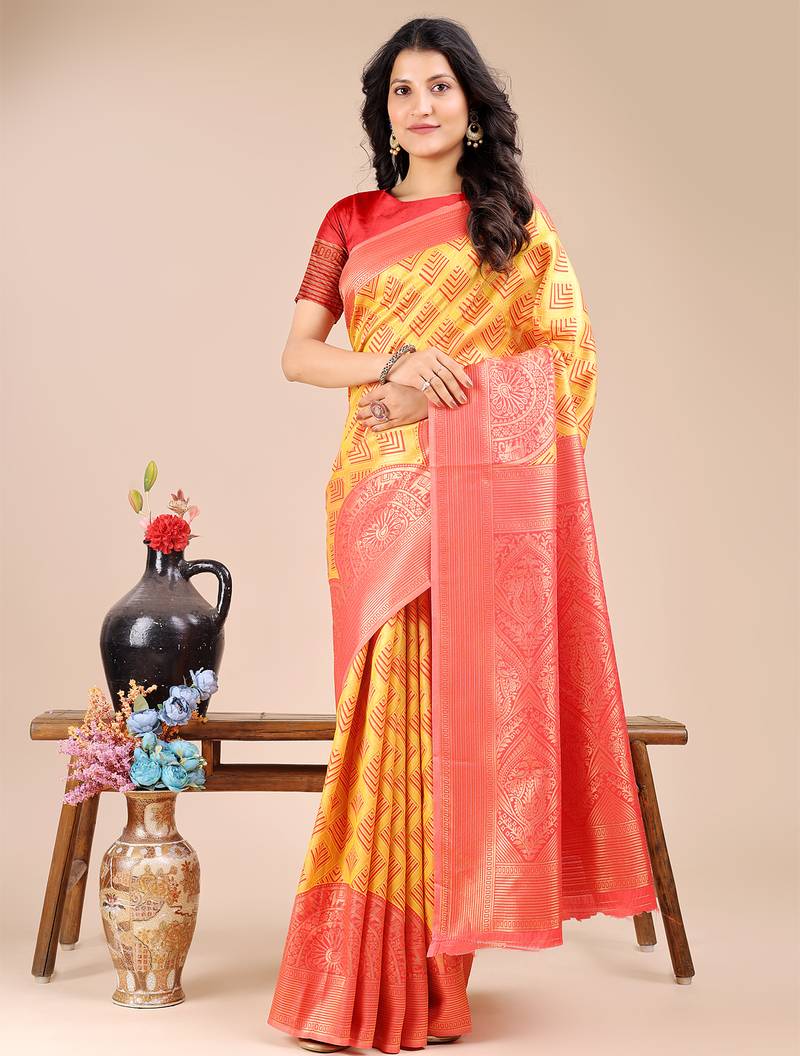 yellow & red color woven banarasi art silk saree