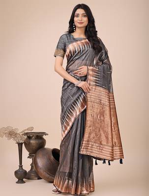 grey solid zari woven linen cotton saree 1