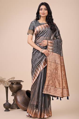 grey color solid zari woven linen cotton saree