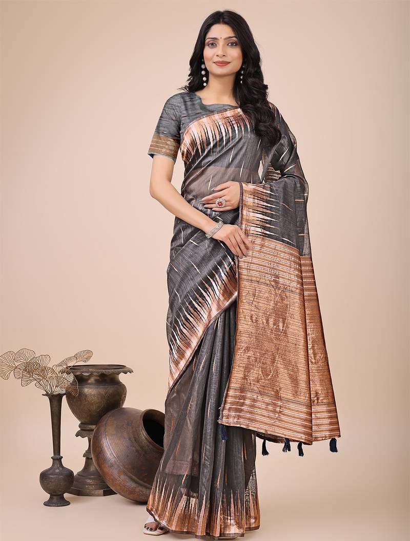 grey color solid zari woven linen cotton saree