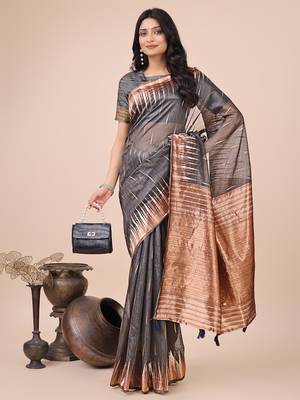 grey solid zari woven linen cotton saree 2