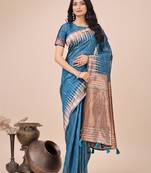 blue color solid zari woven linen cotton saree
