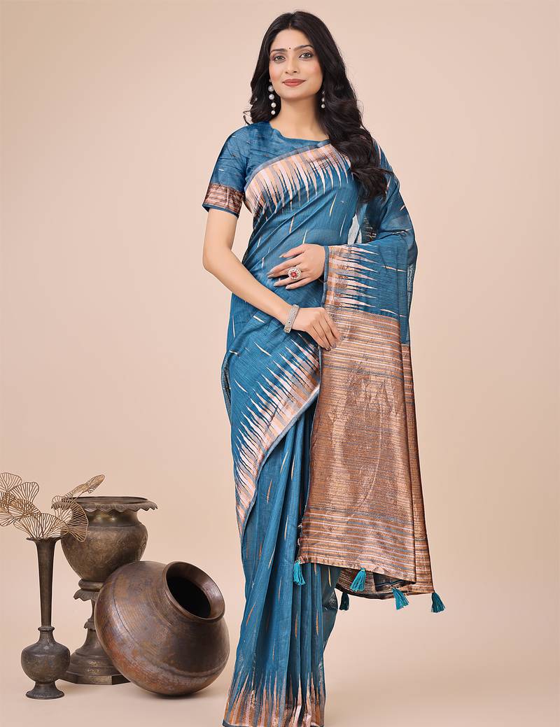 blue color solid zari woven linen cotton saree