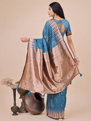 blue color solid zari woven linen cotton saree 3