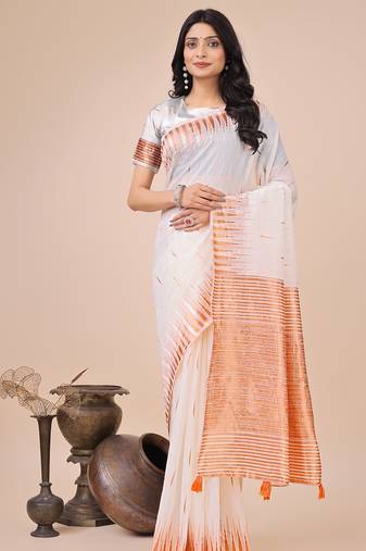 white color solid zari woven linen cotton saree