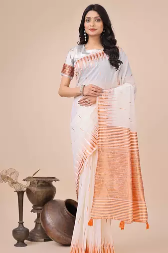 white color solid zari woven linen cotton saree