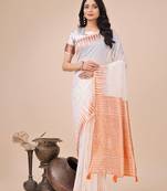 white color solid zari woven linen cotton saree