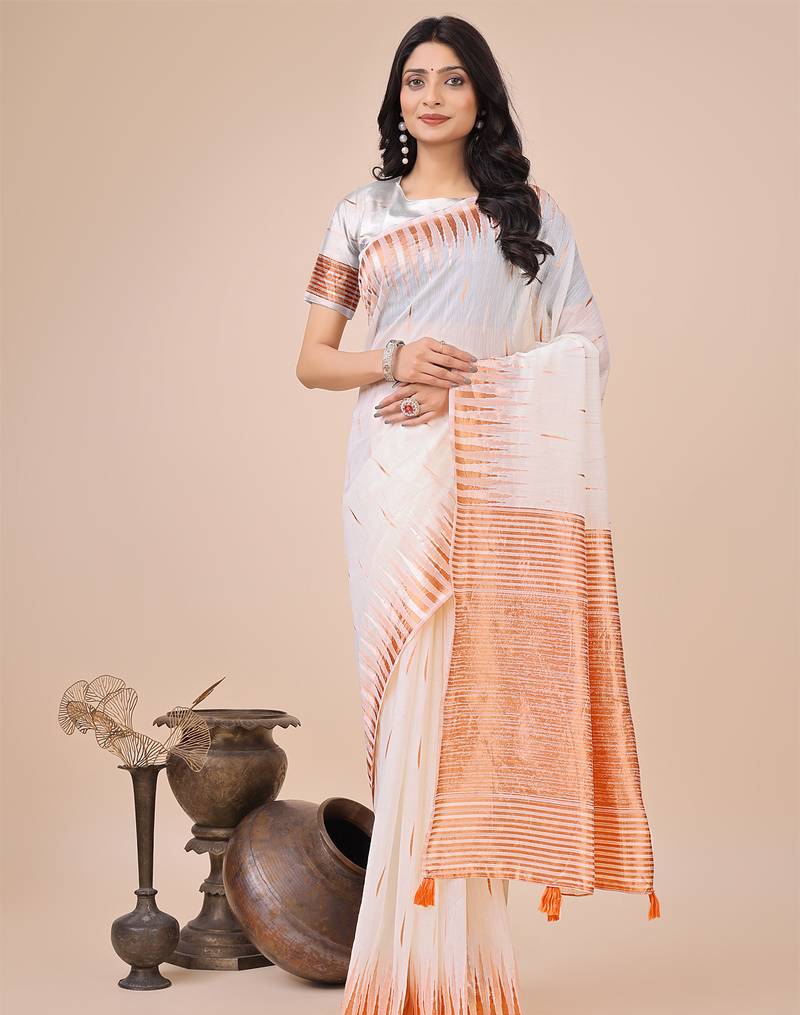 white color solid zari woven linen cotton saree