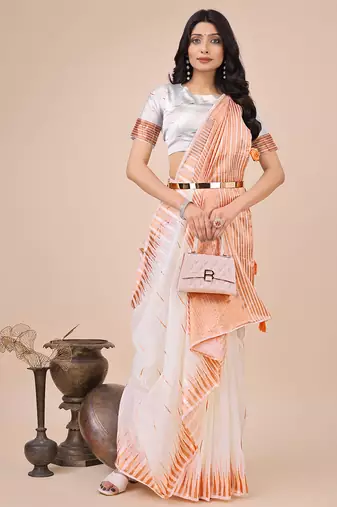 white color solid zari woven linen cotton saree
