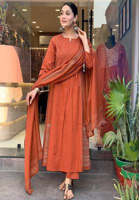 brown embroidered cotton kurta pant with dupatta 1