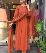 brown embroidered cotton kurta pant with dupatta