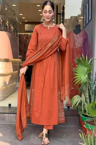 brown embroidered cotton kurta pant with dupatta