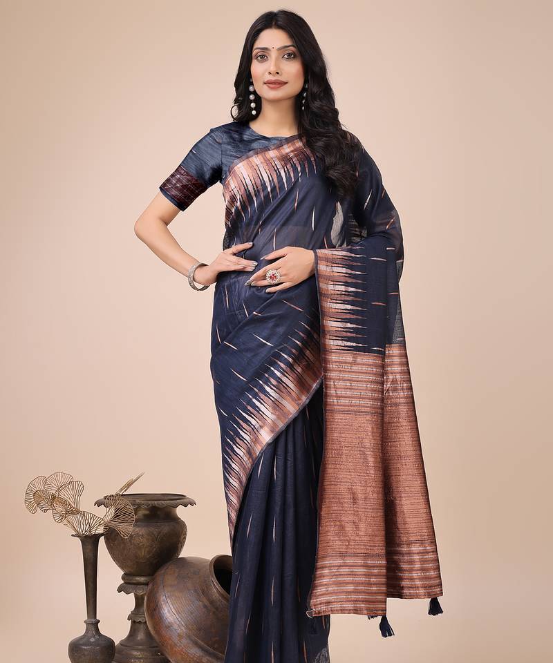 navy blue color solid zari woven linen cotton saree
