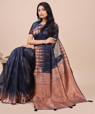 navy blue color solid zari woven linen cotton saree 2