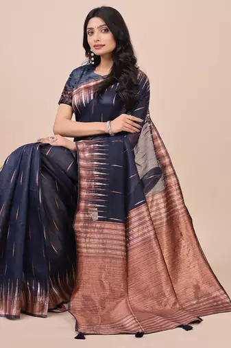 navy blue color solid zari woven linen cotton saree
