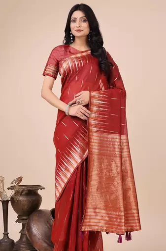 red color solid zari woven linen cotton saree