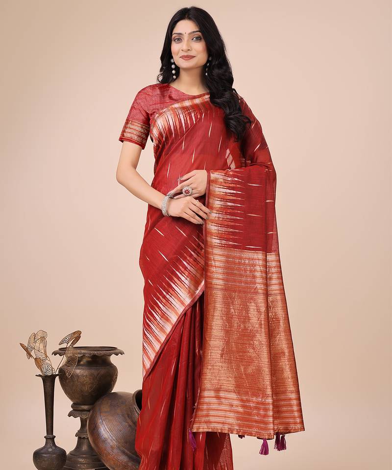 red color solid zari woven linen cotton saree