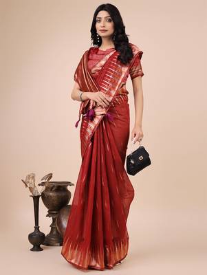 red color solid zari woven linen cotton saree 2
