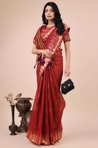red color solid zari woven linen cotton saree