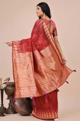 red color solid zari woven linen cotton saree