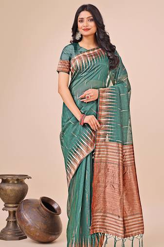 green color solid zari woven linen cotton saree