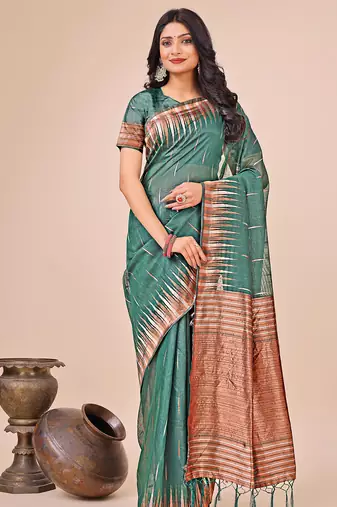 green color solid zari woven linen cotton saree