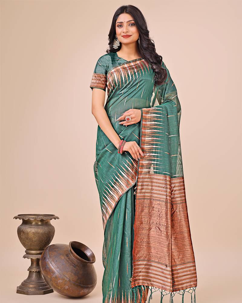 green color solid zari woven linen cotton saree
