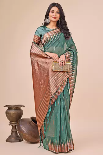 green color solid zari woven linen cotton saree