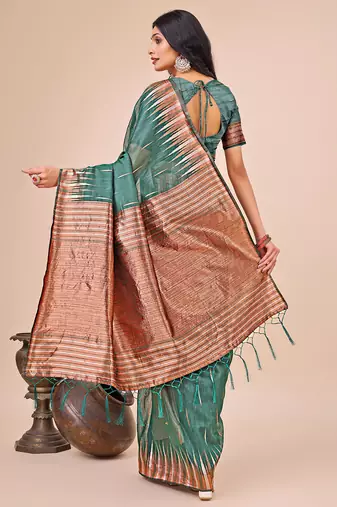 green color solid zari woven linen cotton saree