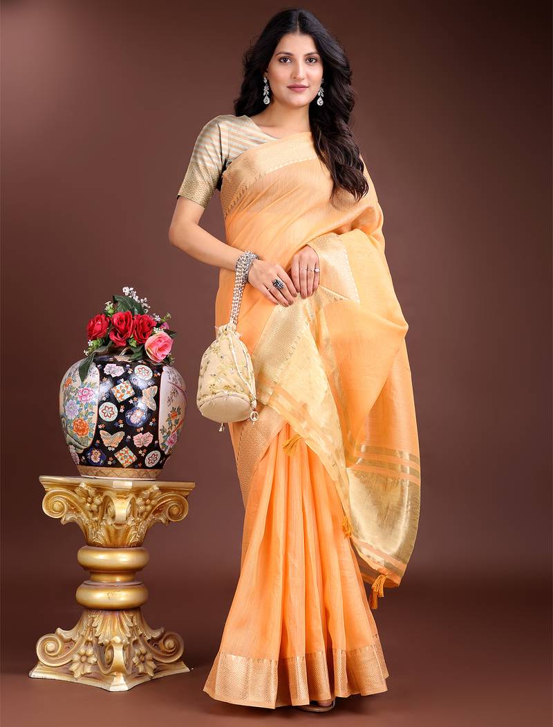 1m-ready to wear orange color cotton solid saree