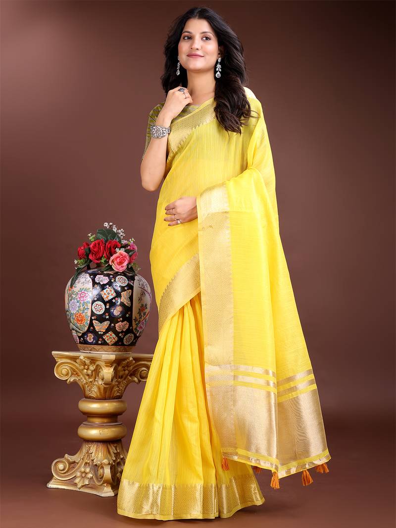 1m-ready to wear yellow color cotton solid saree