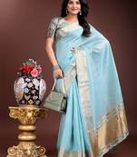 1m-ready to wear sky blue color cotton solid saree
