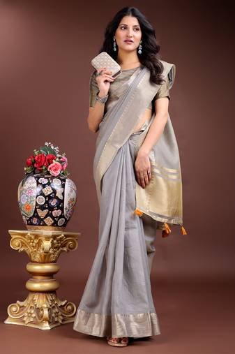 1m-ready to wear grey color cotton solid saree