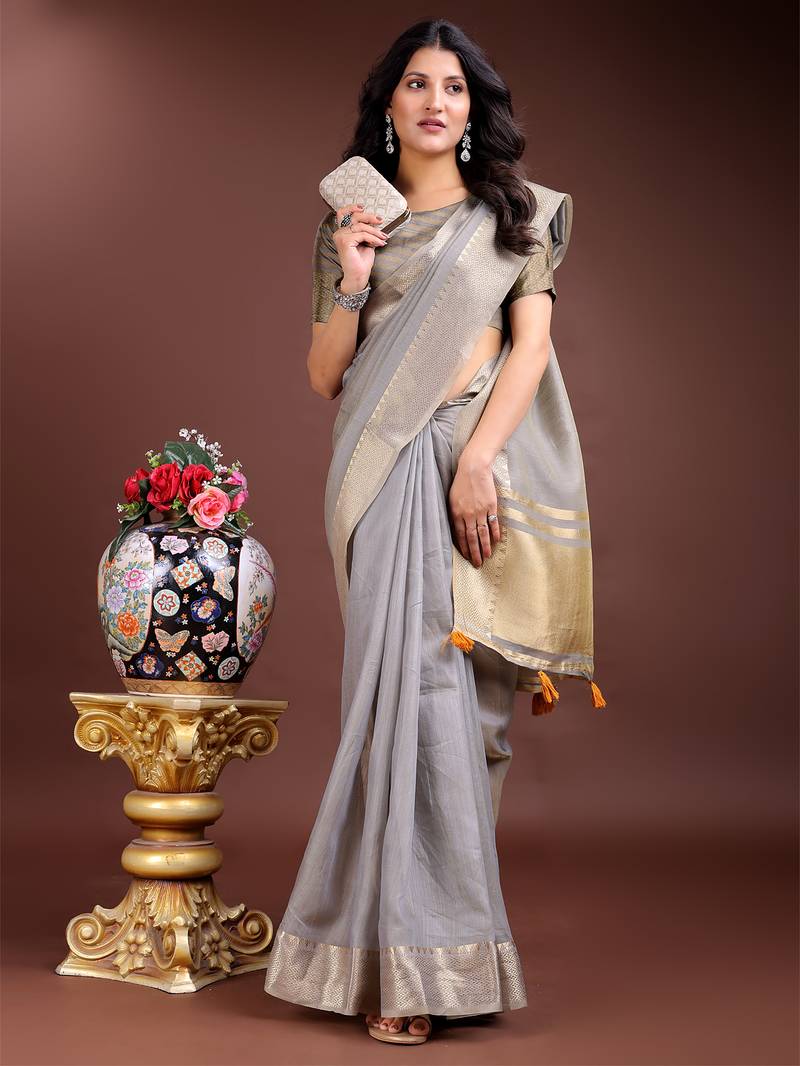 1m-ready to wear grey color cotton solid saree