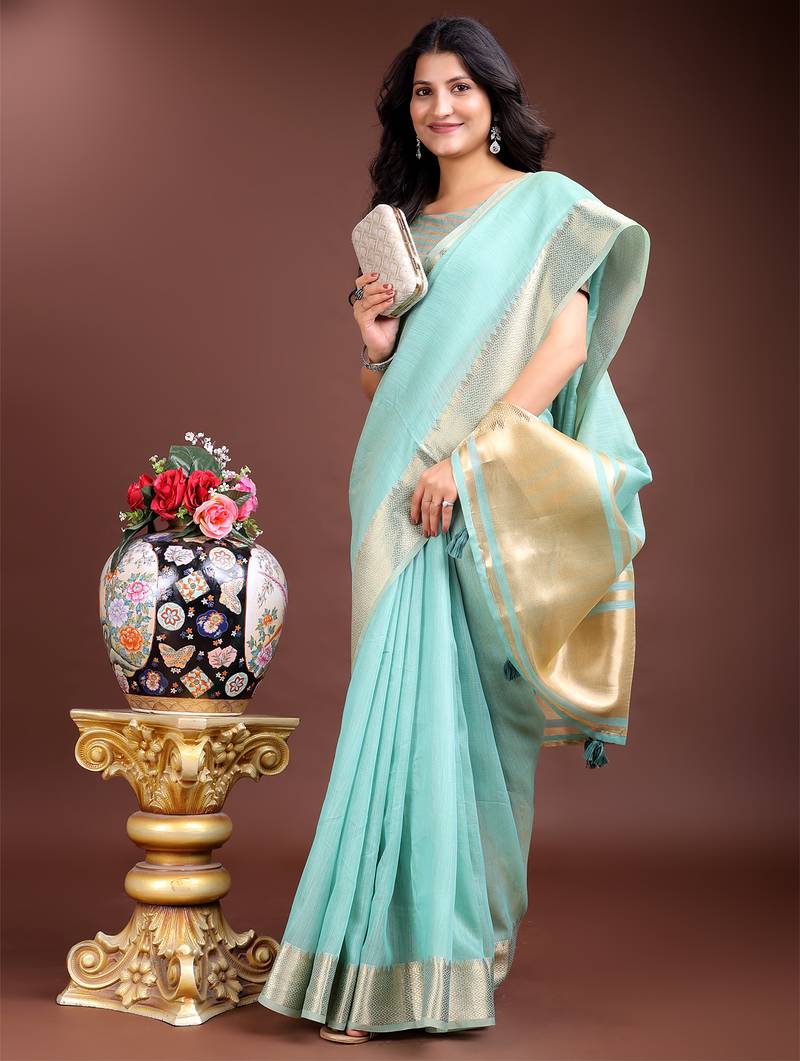 1m-ready to wear sea green color cotton solid saree