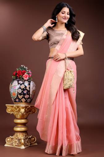 1m-ready to wear pink color cotton solid saree
