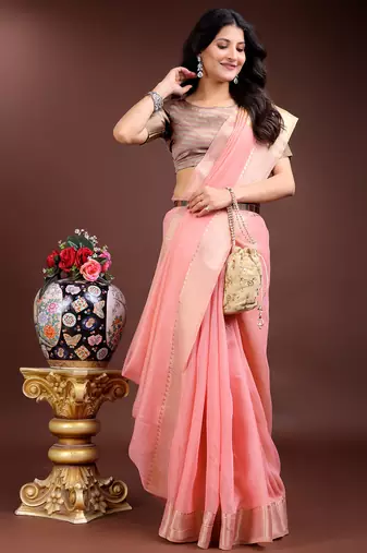 1m-ready to wear pink color cotton solid saree