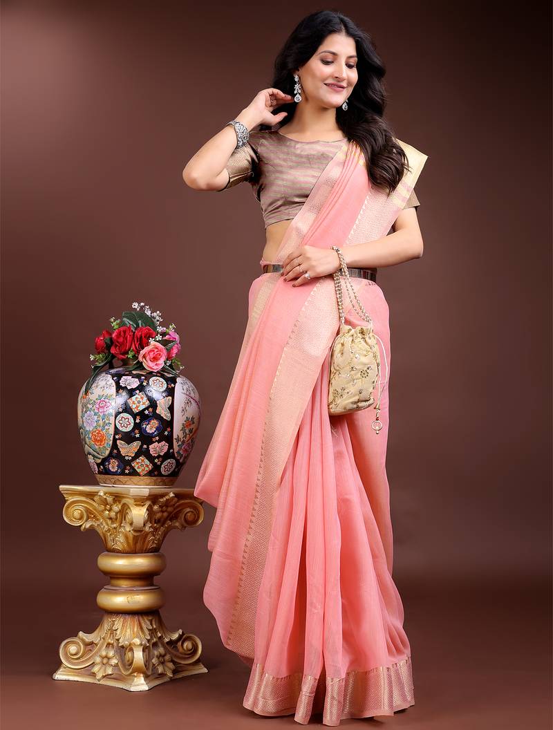 1m-ready to wear pink color cotton solid saree