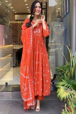 orange embroidered cotton kurta pant with dupatta 1