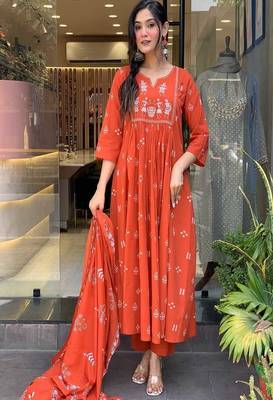 orange embroidered cotton kurta pant with dupatta 2
