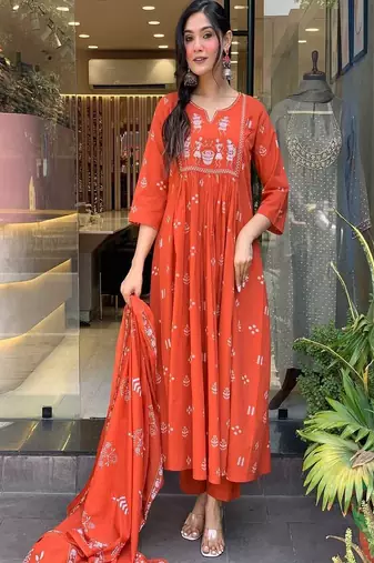 orange embroidered cotton kurta pant with dupatta